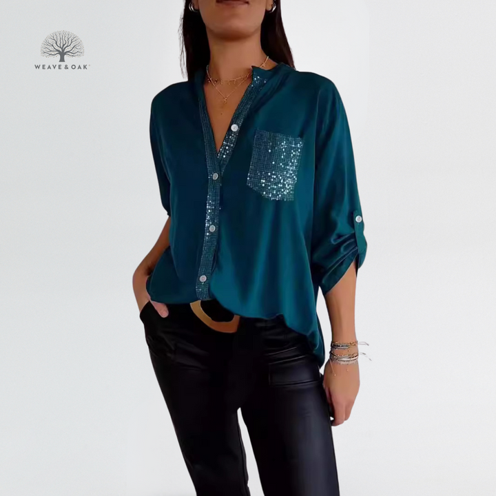 Mira | Sequin Accent Blouse That Flatters and Covers