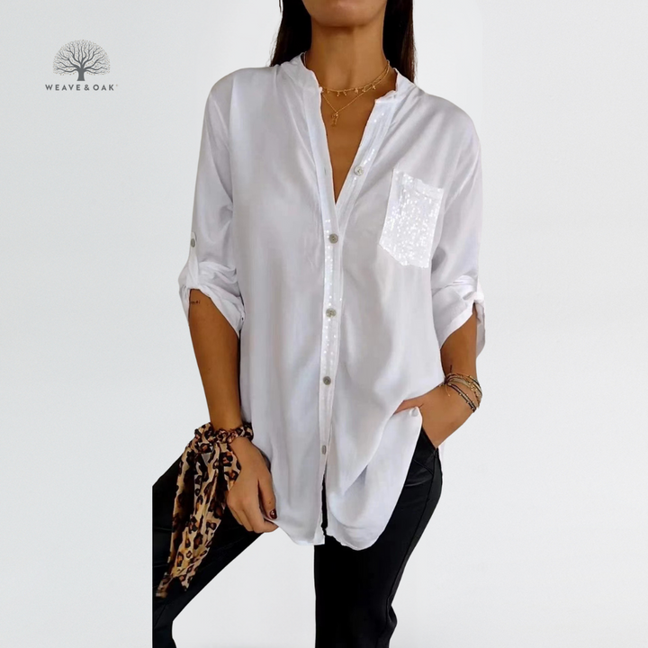 Mira | Sequin Accent Blouse That Flatters and Covers