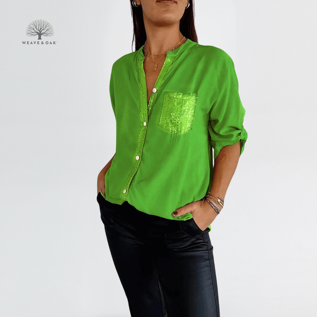 Mira | Sequin Accent Blouse That Flatters and Covers
