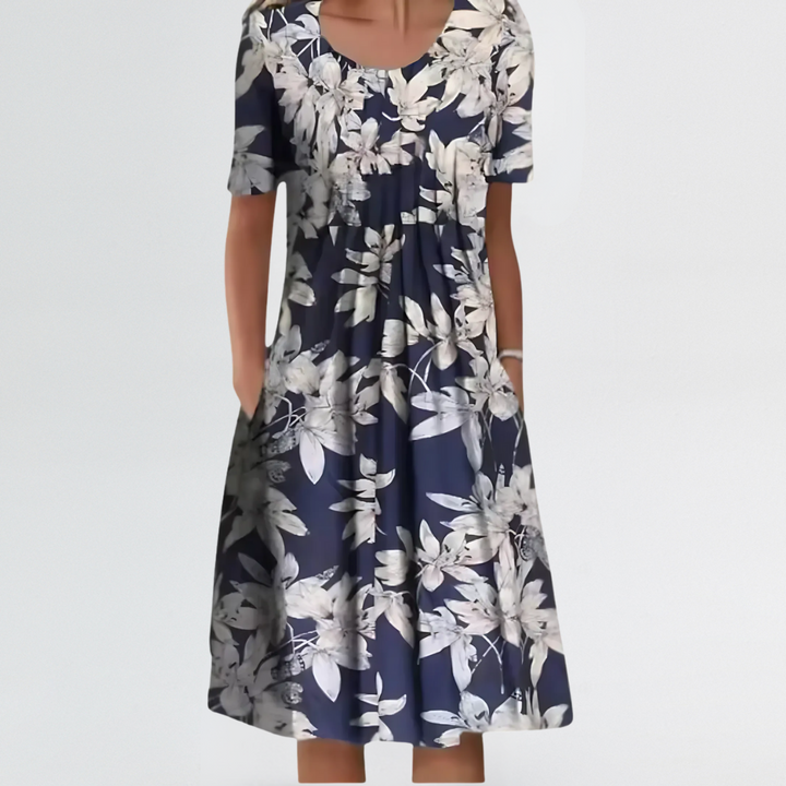 Evelyn | Light Floral Midi Comfort Dress with Tummy-Covering Pleats