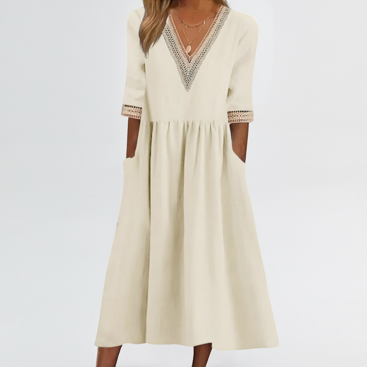 Clarissa | Lace Trim V-Neck Dress with Arm & Tummy Friendly Fit