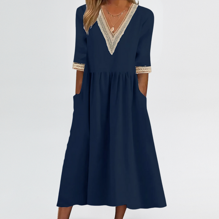 Clarissa | Lace Trim V-Neck Dress with Arm & Tummy Friendly Fit