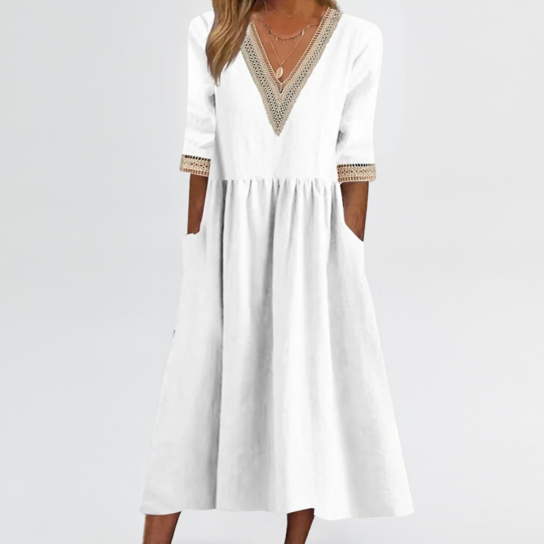Clarissa | Lace Trim V-Neck Dress with Arm & Tummy Friendly Fit