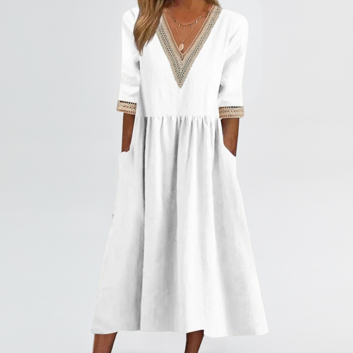 Clarissa | Lace Trim V-Neck Dress with Arm & Tummy Friendly Fit