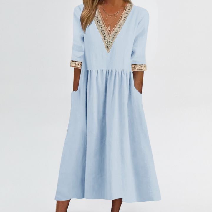Clarissa | Lace Trim V-Neck Dress with Arm & Tummy Friendly Fit
