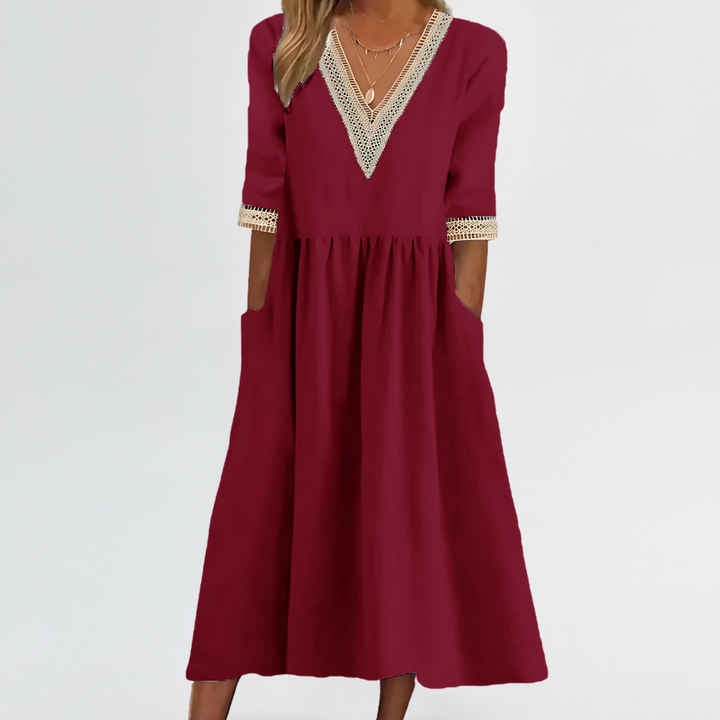 Clarissa | Lace Trim V-Neck Dress with Arm & Tummy Friendly Fit